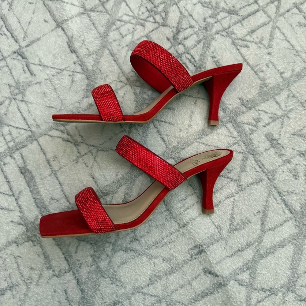 Vince Camuto Red Rhinestone Embellished Slide Heels Square Toe Sandals 9 - Picture 4 of 6
